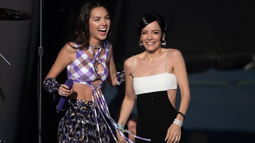 Olivia Rodrigo and Lily Allen on stage at Glastonbury