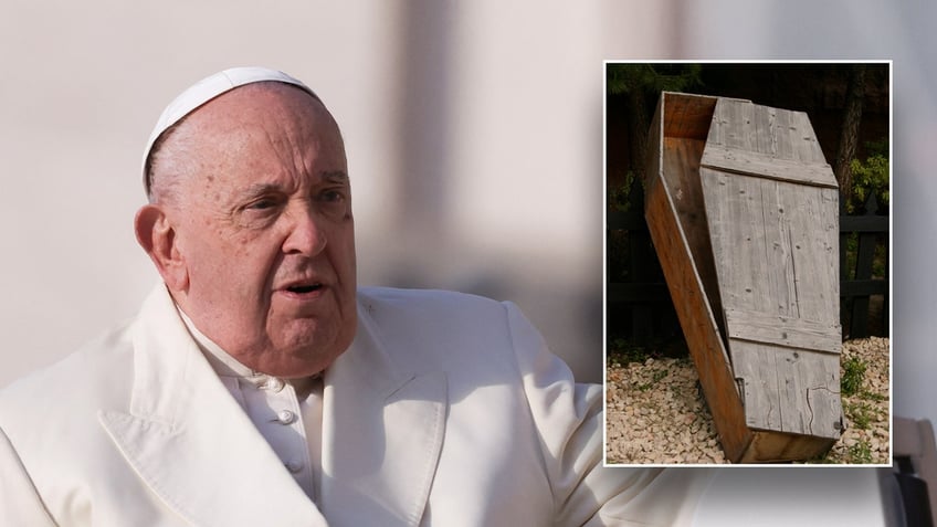 Pope Francis, background, wooden casket, inset