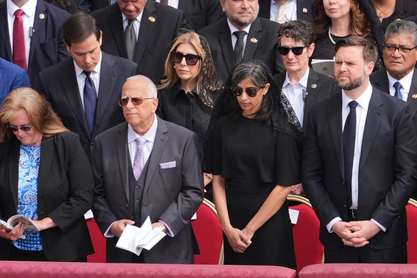 VATICAN CITY, VATICAN - MAY 18: From right, Vice President JD Vance and second lady Usha Vance, brother of Pope Leo XIV, Louis Prevost and his wife Deborah, attend the inaugural Mass of Pope Leo XIV's pontificate in St. Peter's Square on May 18, 2025 in Vatican City, Vatican. U.S. Vice President JD Vance is in Rome to attend the inauguration mass of Pope Leo XIV at the Vatican. (Photo by Jacquelyn Martin - Pool/Getty Images)