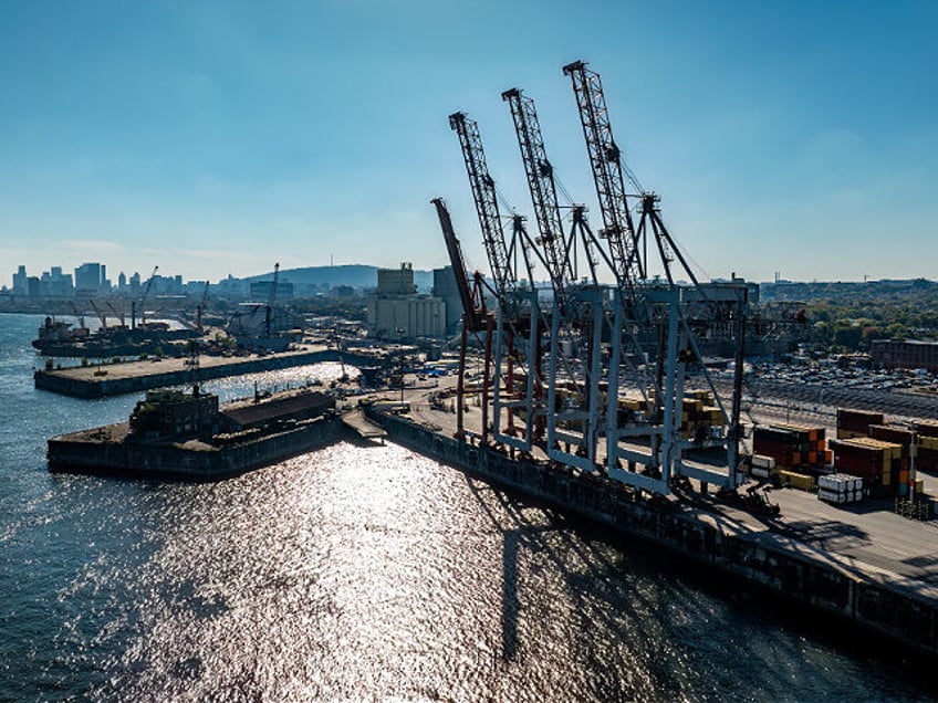 An aerial view shows the Port of Montreal as dockers begin a three-day strike in Montreal,