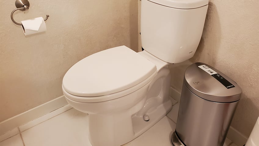 toilet and wastebasket in bathroom