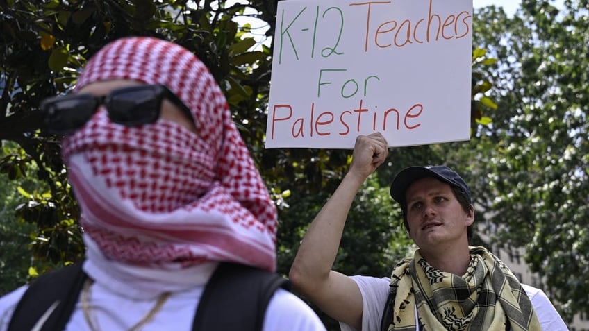 protester holds a placard saying ''K-12 Teachers for Palestine''