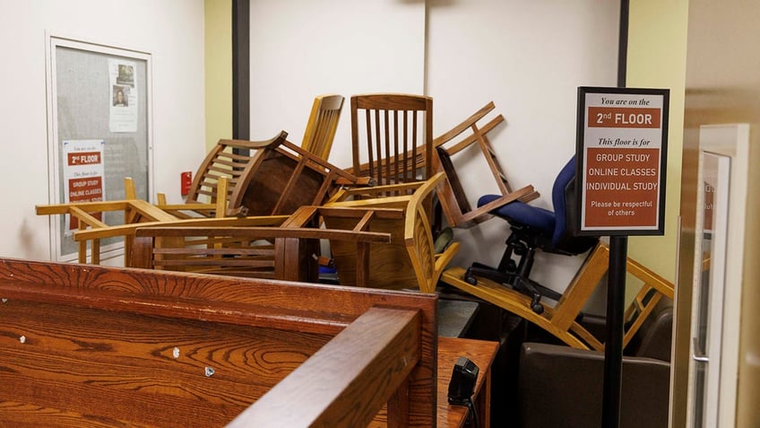 Barricade inside Portland State University library