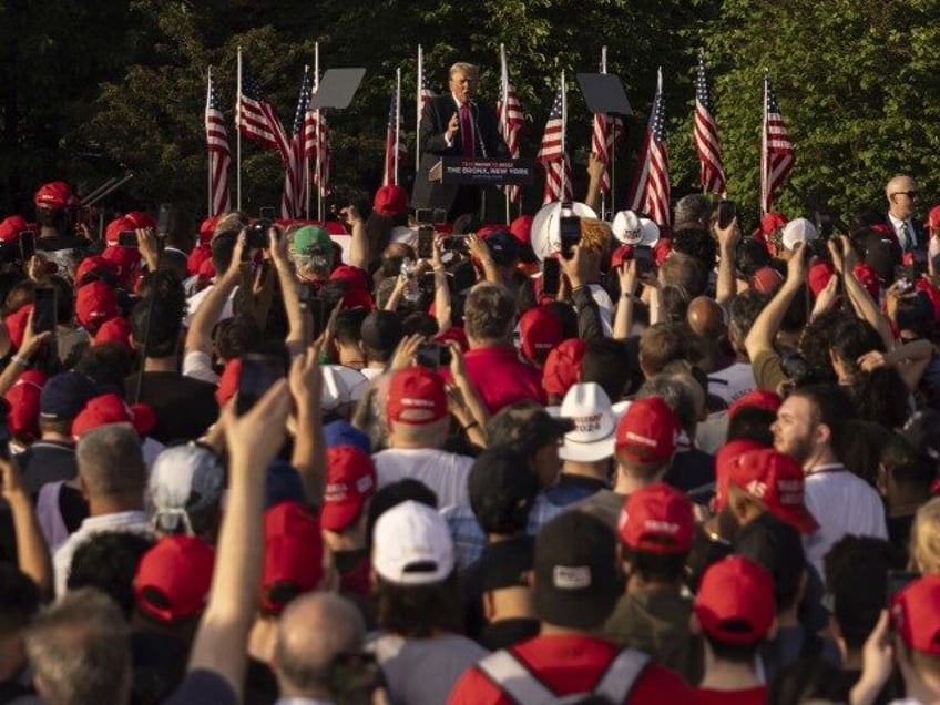 Republican presidential candidate former President Donald Trump speaks during a campaign r