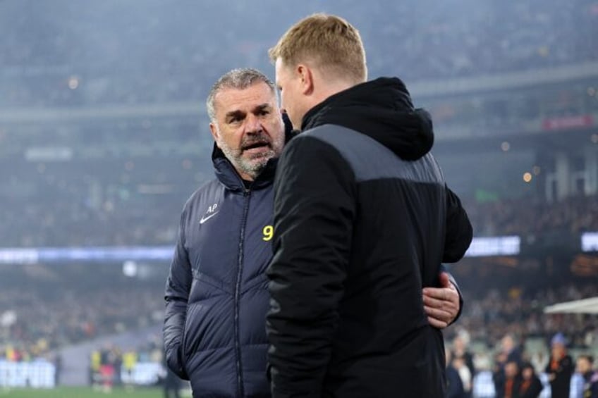 Tottenham manager Ange Postecoglou (left) with Newcastle counterpart Eddie Howe at the Mel