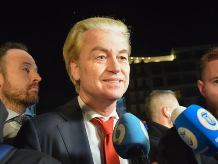 THE HAGUE, NETHERLANDS - NOVEMBER 28: Leader of the Party for Freedom (PVV) Geert Wilders speaks at Pavarotti restaurant as he attends drop-in evening at the NH Atlantic Hotel in Kijkduin to support residents facing an influx of asylum seekers, especially since over 100 have been housed in a local …