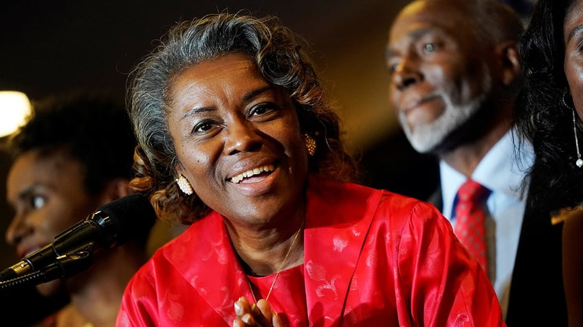 Lt. Gov. Winsome Earle-Sears rallies in Chantilly, Virginia.