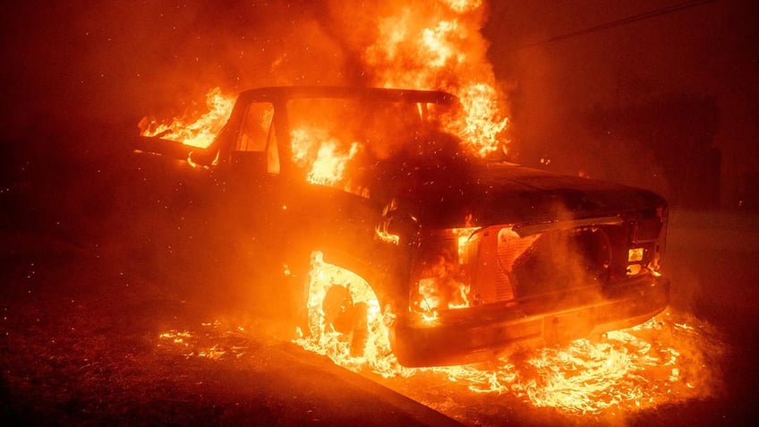 truck ablaze in the California wildfires of Jan. 2025