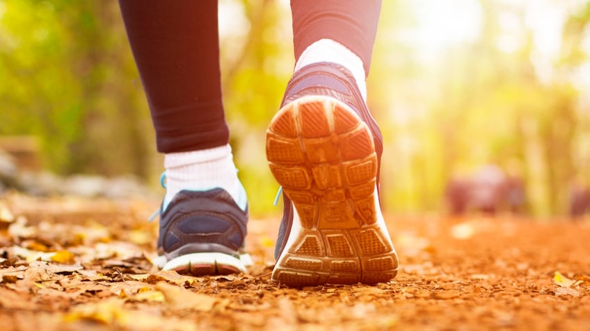 Woman walking cross country and trail in autumn forest