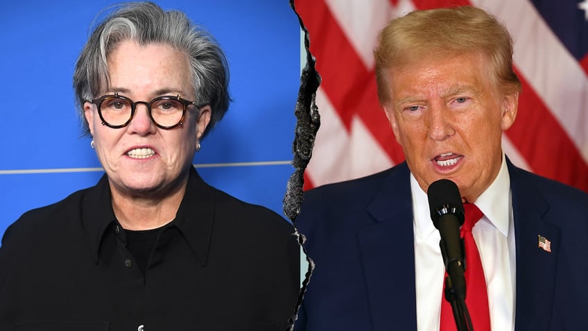 Split image of Rosie O Donnell and President Trump