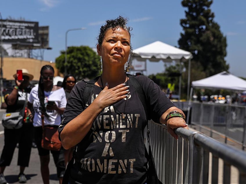 Los Angeles, CA - July 15: Dr. Melina Abdullah, one of the founders of BLM, attends the 10th anniversary Black Lives Matter Festival in Leimert Park on Saturday, July 15, 2023 in Los Angeles, CA. (Jason Armond / Los Angeles Times via Getty Images)