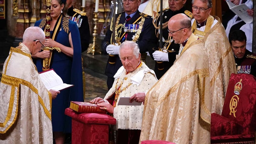 King Charles III during his coronation ceremony in Westminster Abbey, London.