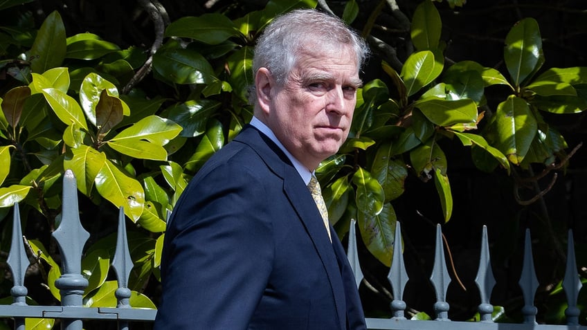 Prince Andrew in a blue suit looking concerned in front of a fence with green leaves.