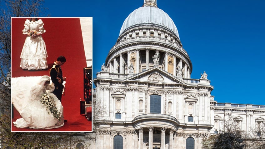 Princess Diana and Prince Charles at their wedding with St Paul's Cathedral in London