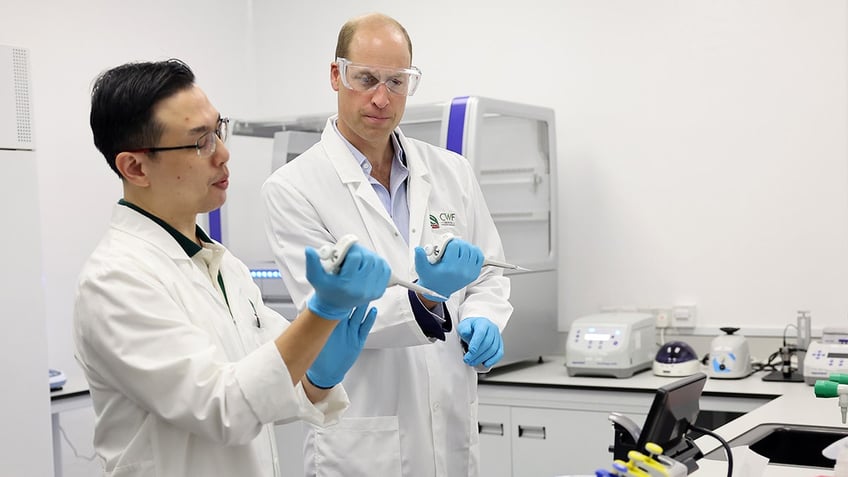 Prince William wearing a lab coat and studying specimens