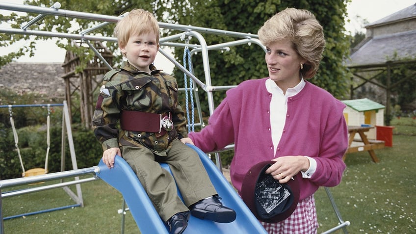 Princess Diana in a pink sweater and white blouse watching Prince Harry sitting on a slide.