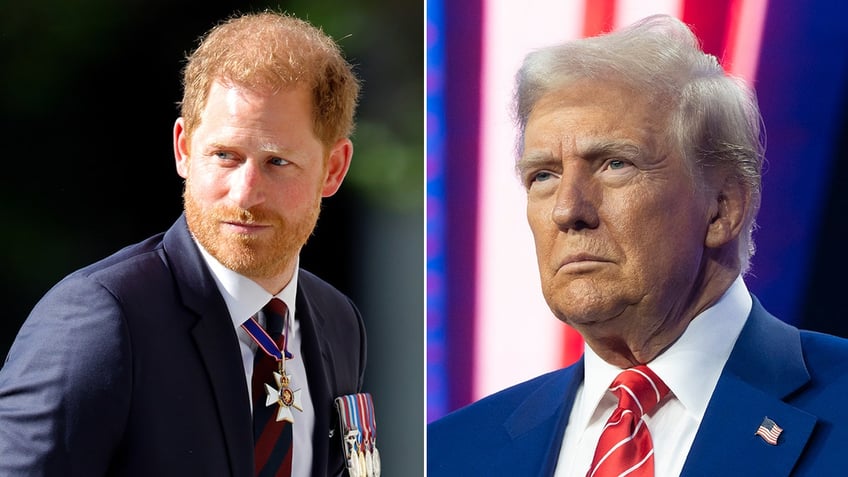 A split side-by-side image of Prince Harry and Donald Trump