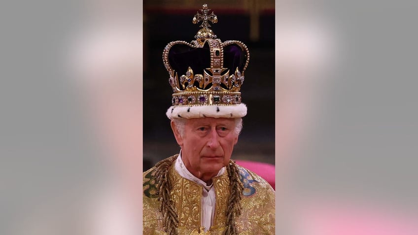 Britain's King Charles III with the St Edward's Crown on his head attends the Coronation Ceremony