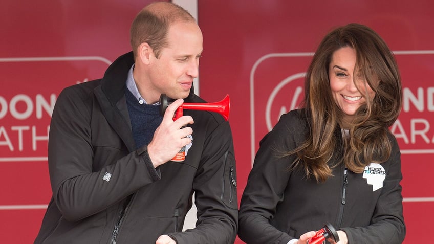 Prince William joking around with Kate Middleton while at the Virgin Marathon in 2017.