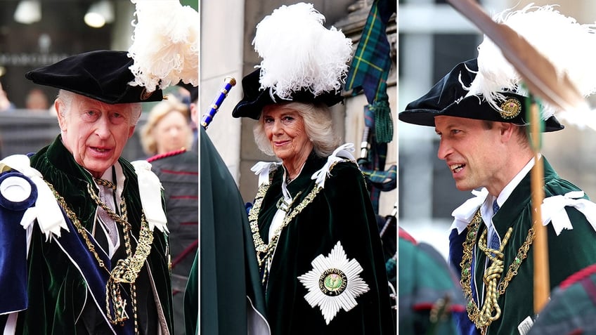Side by side photos of King Charles III, Queen Camilla, and Prince William in ceremonial garb