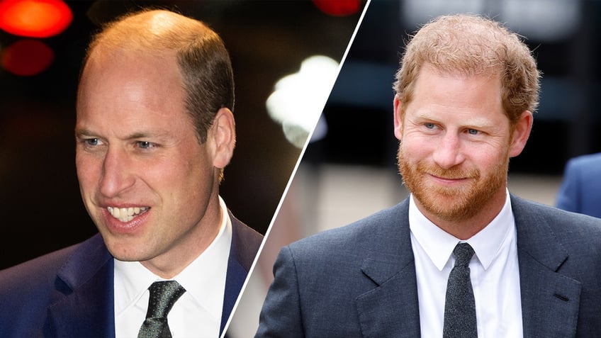 A split side-by-side image of Prince William and Prince Harry