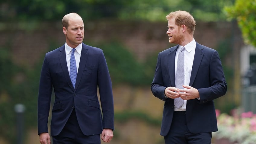 Prince William and Prince Harry wearing navy suits in deep conversation.