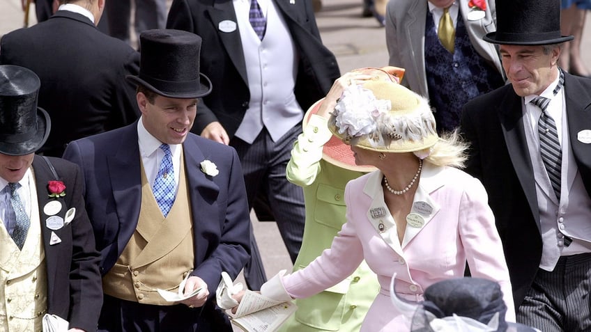 Prince Andrew in a suit and top hat speaking to a woman with a pink dress suit and straw hat as jeffrey epstein in a suit and top hat looks on