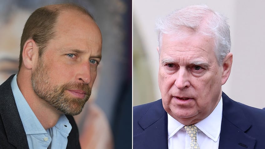 A split side-by-side image of Prince William and Prince Andrew