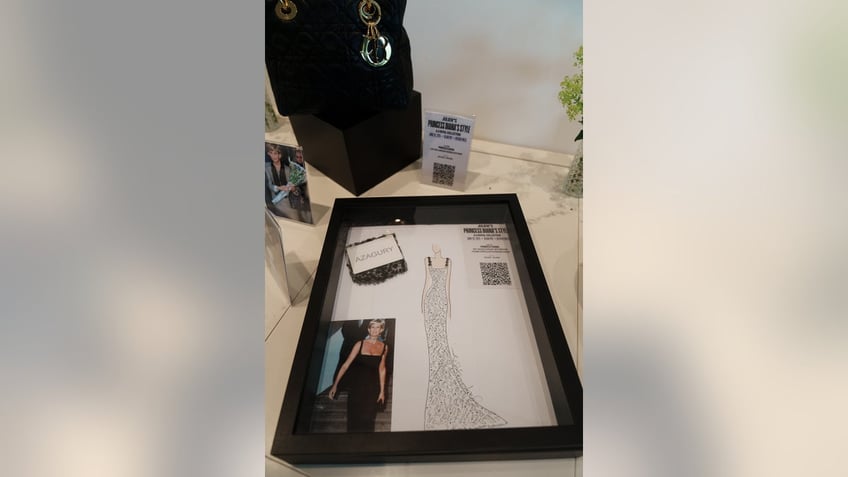 A dress illustration by Jacques Azagury paired with a photo of Princess Diana wearing the gown.