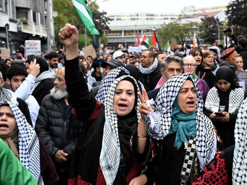 Demonstrators wear the keffiyeh scarf during a rally under the title 'Palestine resists' n