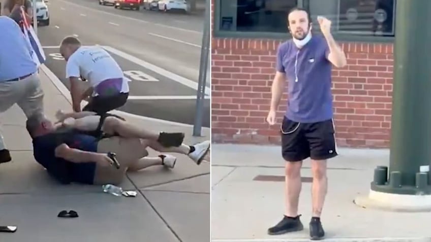 Spilt of Hayes with a gun in his hand tussling with the man, left, and the attacker, right.