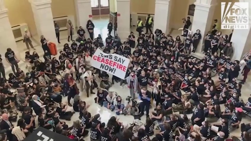 pro palestine demonstrators swarm inside capitol hill demand ceasefire as police begin arresting protesters