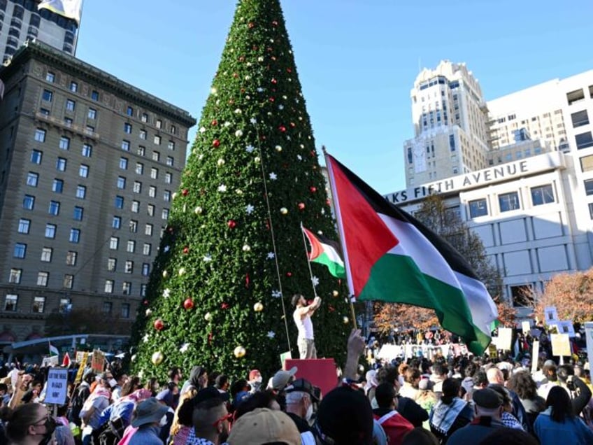 SAN FRANCISCO, CALIFORNIA - DECEMBER 23: Pro-Palestinian demonstrators gather at Union Square for a ''Free Palestine'' rally to protest Israeli attacks on Gaza, day before Christmas in San Francisco, California, United States on December 23, 2023. (Photo by Tayfun Coskun/Anadolu via Getty Images)