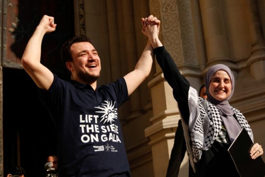 Former Columbia University graduate student Mahmoud Khalil (L) spent 104 days in federal d