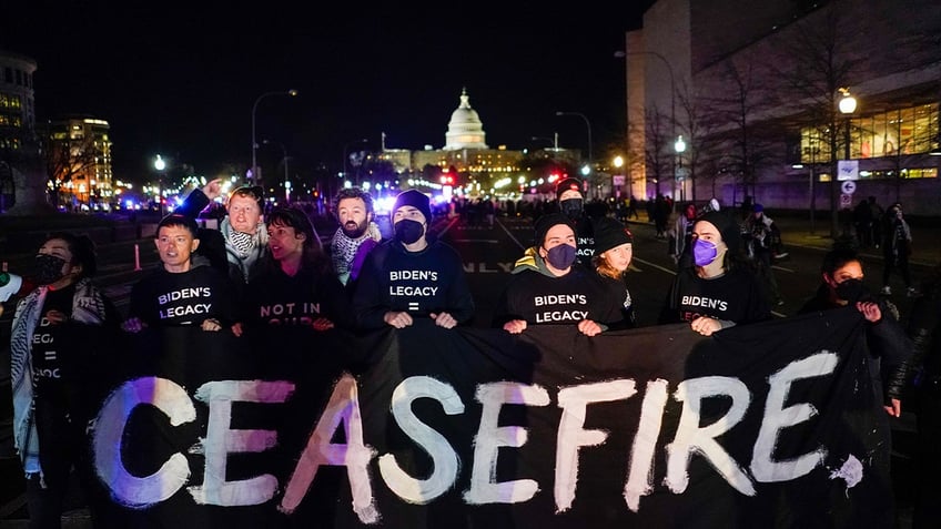 pro palestinian protesters attempt to disrupt sotu near capitol bidens legacy is genocide