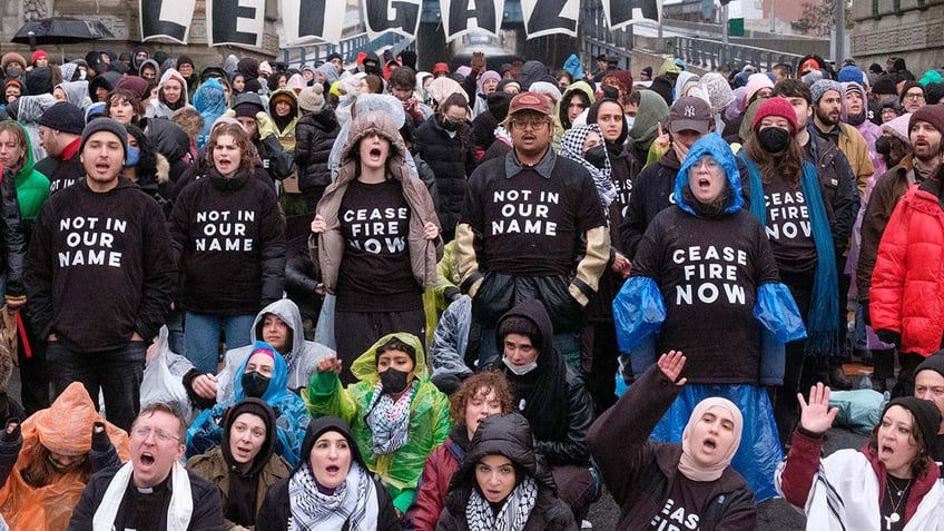 pro palestinian protesters block manhattan bridge backing up traffic demanding ceasefire in gaza