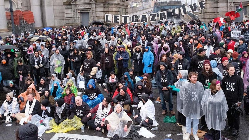 pro palestinian protesters block manhattan bridge backing up traffic demanding ceasefire in gaza