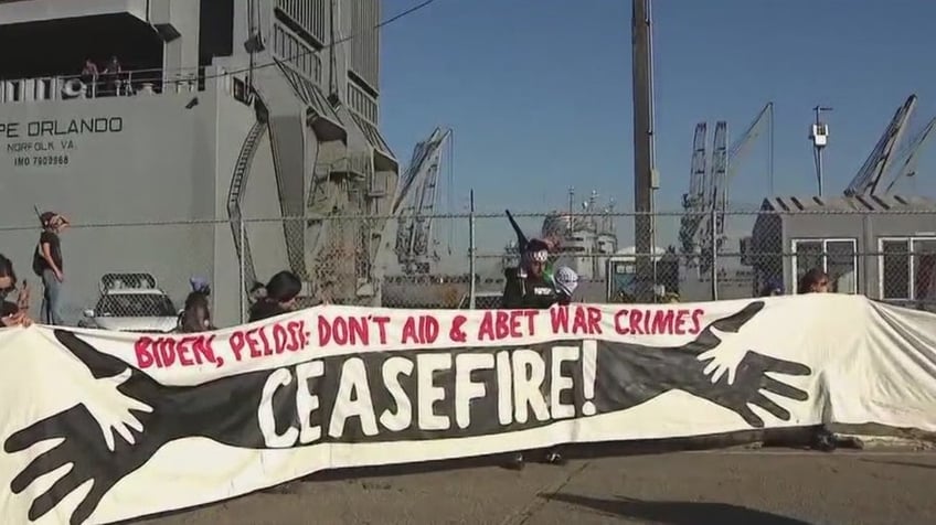 pro palestinian protesters in california block us government ship joe biden you cant hide