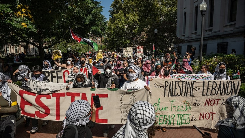 Students protest against the war in Gaza on the anniversary of the Hamas attack on Israel at Columbia University in New York City on Monday, Oct. 7, 2024.