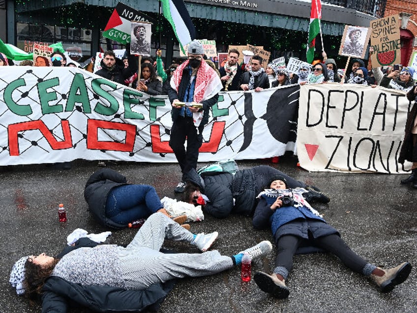 PARK CITY, UTAH - JANUARY 21: Activists participate in a protest during the pro-Palestine march organized by Let Gaza Live on January 21, 2024 in Park City, Utah. The protest took place during day four of the Sundance Film Festival and shut down Park City’s Main Street. (Photo by Araya …