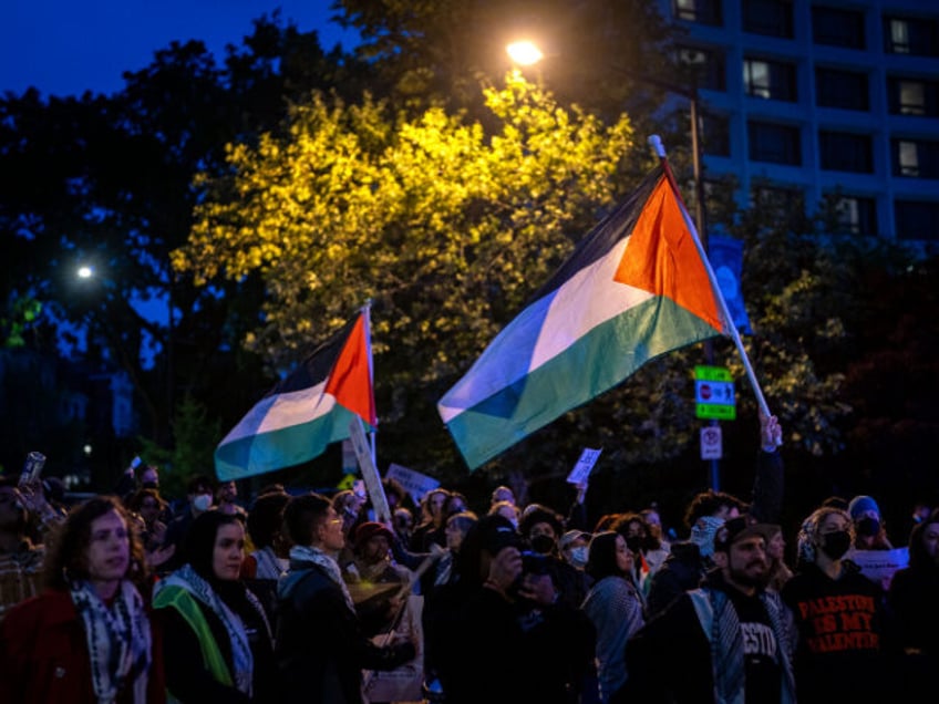 WASHINGTON, DC - APRIL 27: Pro-Palestinian demonstrators protest outside of the Washington