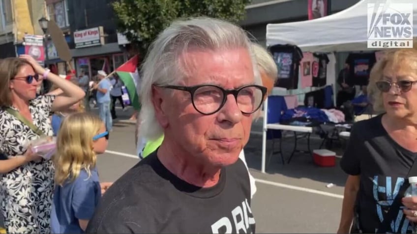 Frank from Stroudsburg, a support of Vice President Harris, pushed back on pro-Palestinian protesters deriding the rally crowd. (Charlie Creitz/Fox News)