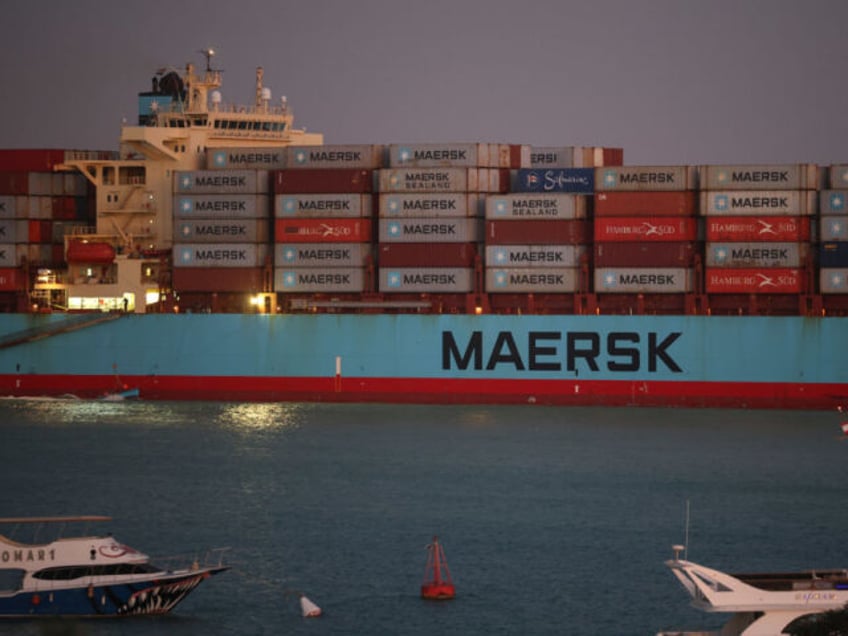 The Maersk Sentosa container ship sails southbound to exit the Suez Canal in Suez, Egypt, on Thursday, Dec. 21, 2023. A steep decline in the number of tankers entering a vital Red Sea conduit suggests that attacks on ships in the area are further disrupting a key artery of global …