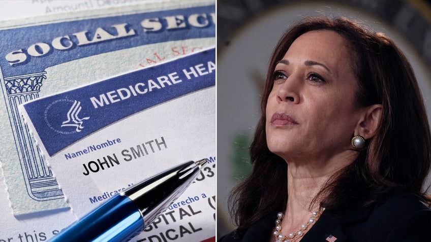 Social Security and Medicare cards on left; Kamala Harris on right