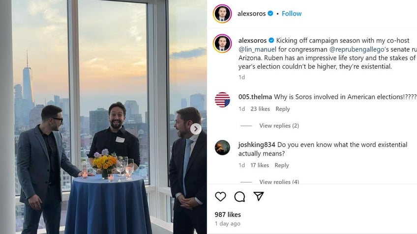 Alex Soros instagram post touting 'kicking off campaign season'