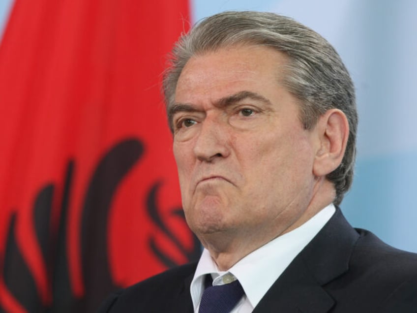 BERLIN - OCTOBER 08: Albanian Prime Minister Sali Berisha speaks to the media after talks with German Chancellor Angela Merkel at the Chancellery on October 8, 2008 in Berlin, Germany. The two leaders discussed, among other issues, the future of newly-independent Kosovo. (Photo by Sean Gallup/Getty Images)