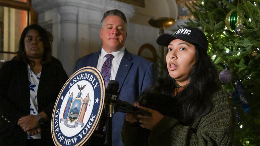 Rosa De La Cruz of the Ibero-American Action League speaks as a coalition of elected officials and members of the public urge New York Gov. Kathy Hochul and state legislators to provide emergency funding to prevent the eviction of asylum seekers from Albany hotels during a rally at the Capitol on Dec. 9, 2024. (Hans Pennink for Fox News Digital)