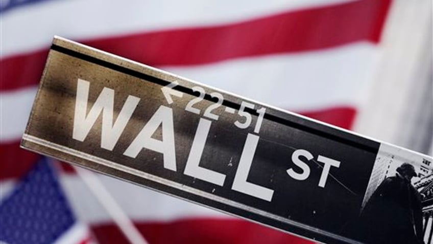 wall street sign with US flags behind it
