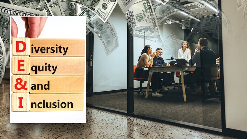 DEI graphic with falling cash and people around table in meeting