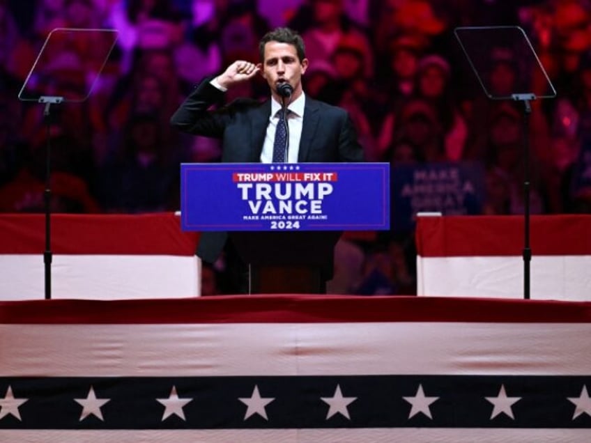 US comedian Tony Hinchcliffe speaks during a campaign rally for former US president and Re